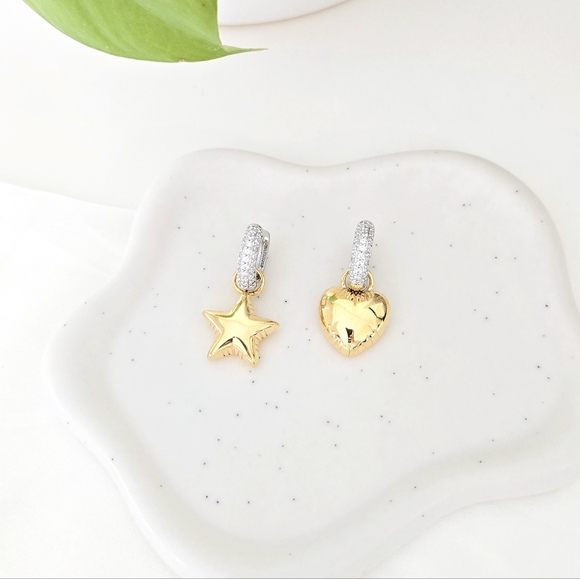 NEW 2-in-1 Two-Tone Balloon Heart & Star CZ Diamond Huggie Hoop Earrings - Picture 6 of 7